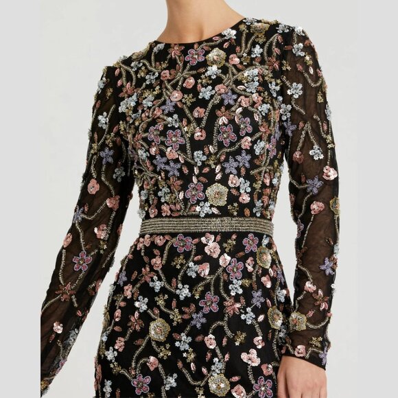 Mac Duggal 6135 Womens Black Floral Long Sleeve Embellished Mesh Gown Maxi Dress - Picture 4 of 14